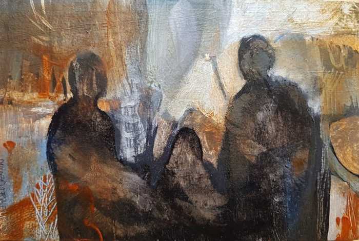 Silhouettes of three figures in a abstract landscape, by Elizabeth Miller Vermeulen