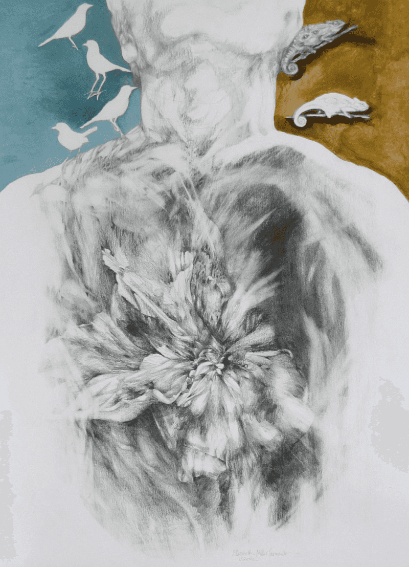 Drawing of a man with flowers, chameleons and birds by Elizabeth Miller Vermeulen