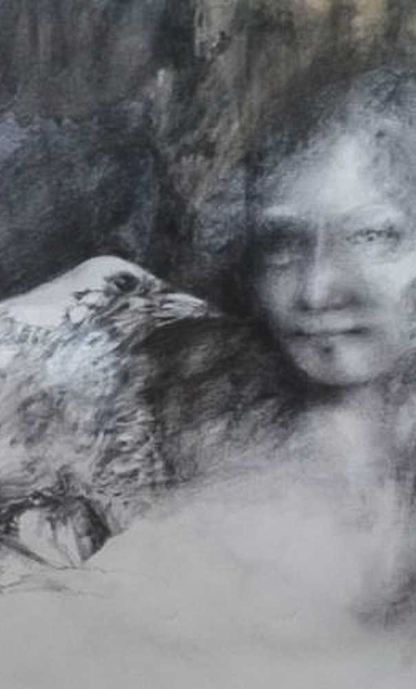 Drawing of a bird and a face in shades of gray, by Elizabeth Miller Vermeulen