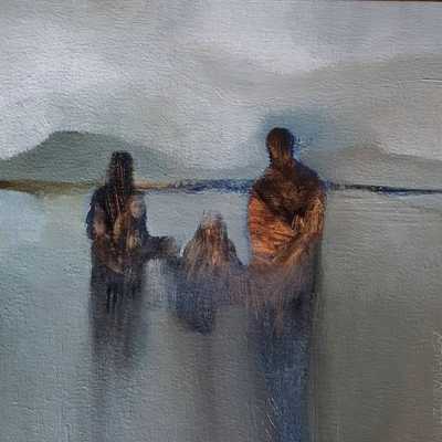 Painting of two adults and a child in a dream-like landscape