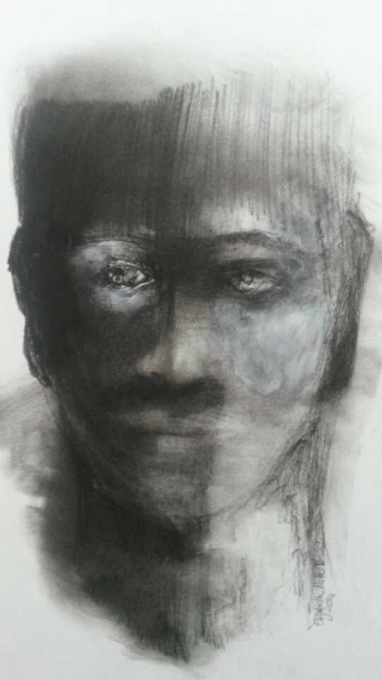 Monochrome drawing of a face in Conté by Elizabeth Miller Vermeulen, Surface Series