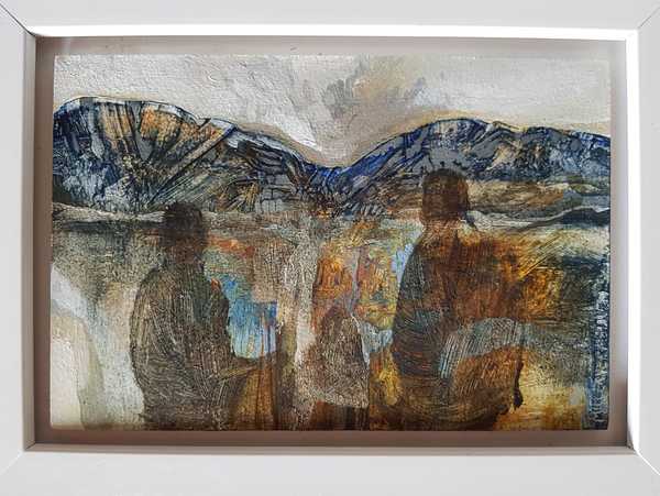 Mood-study painting with three figures in a landscape and texturised mountains, by Elizabeth Miller Vermeulen